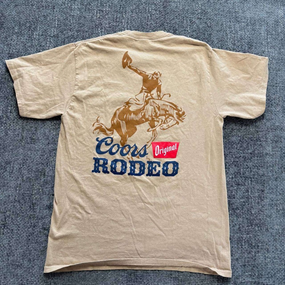 Coors Original Rodeo T-Shirt Mens Medium Tan Graphic Western Bronco Rider Tee